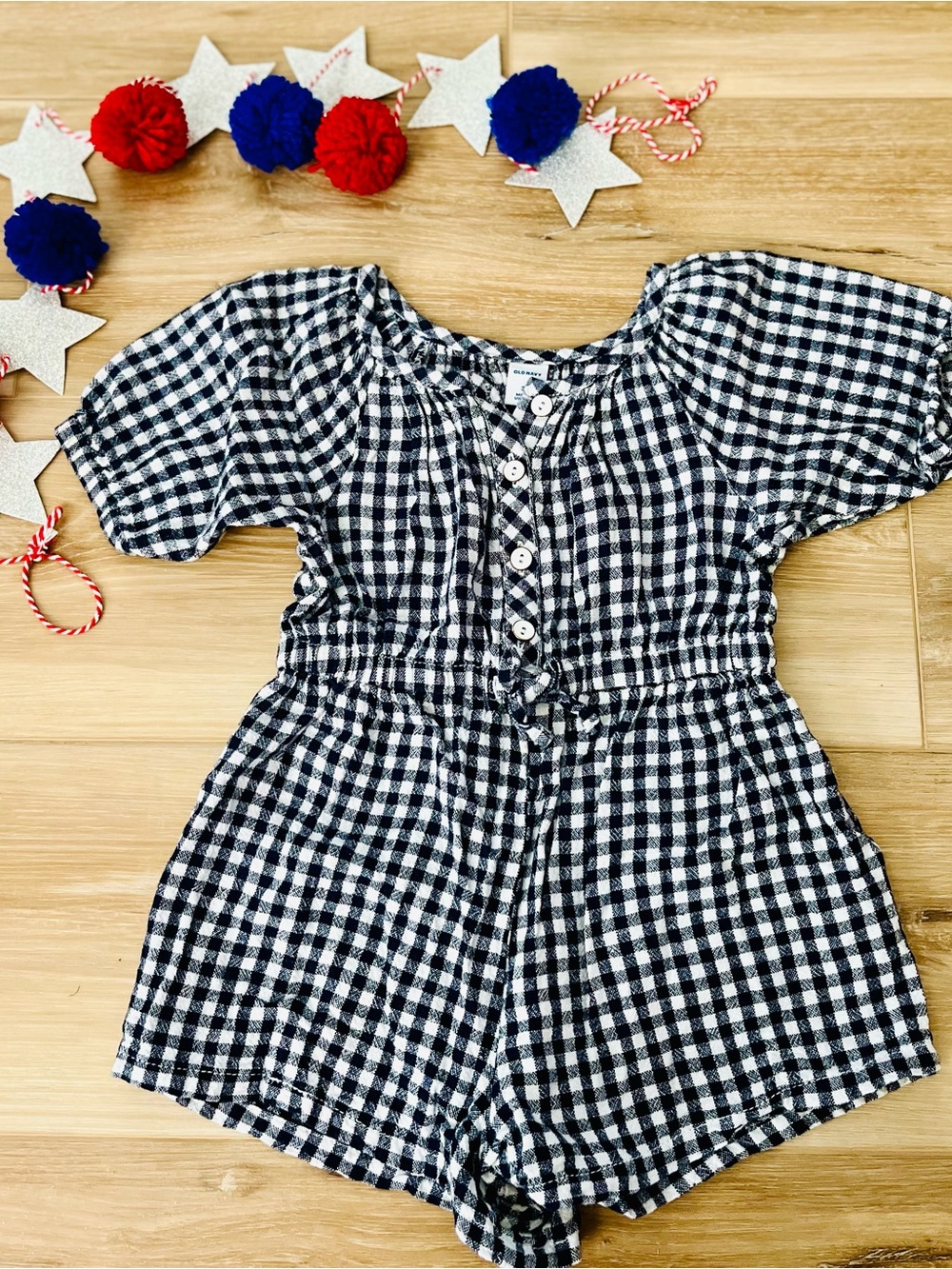 Navy Blue & White Gingham Romper